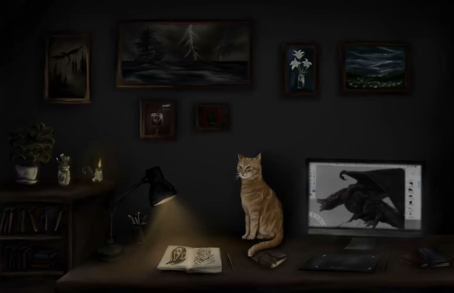 Mesa de estúdio da Cristina: um caderno de desenho aberto sob luminária, um monitor com arte digital e uma parede com quadros pintados